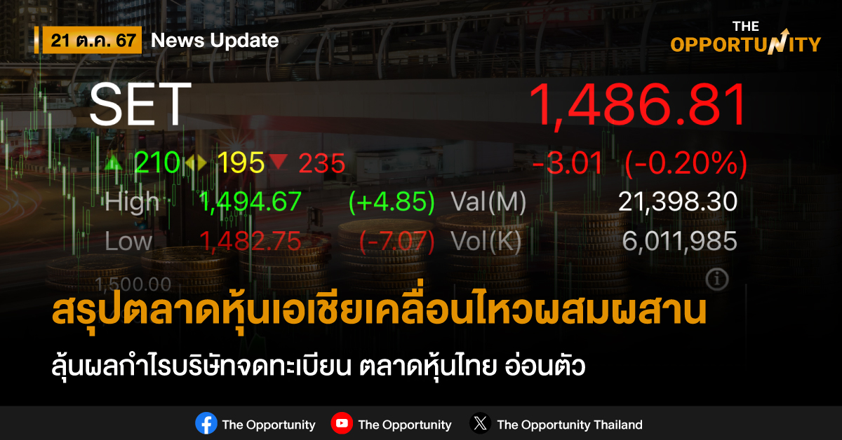 สรุปตลาดหุ้นเอเชียเคลื่อนไหวผสมผสาน  ลุ้นผลกำไรบริษัทจดทะเบียน ตลาดหุ้นไทย อ่อนตัว 